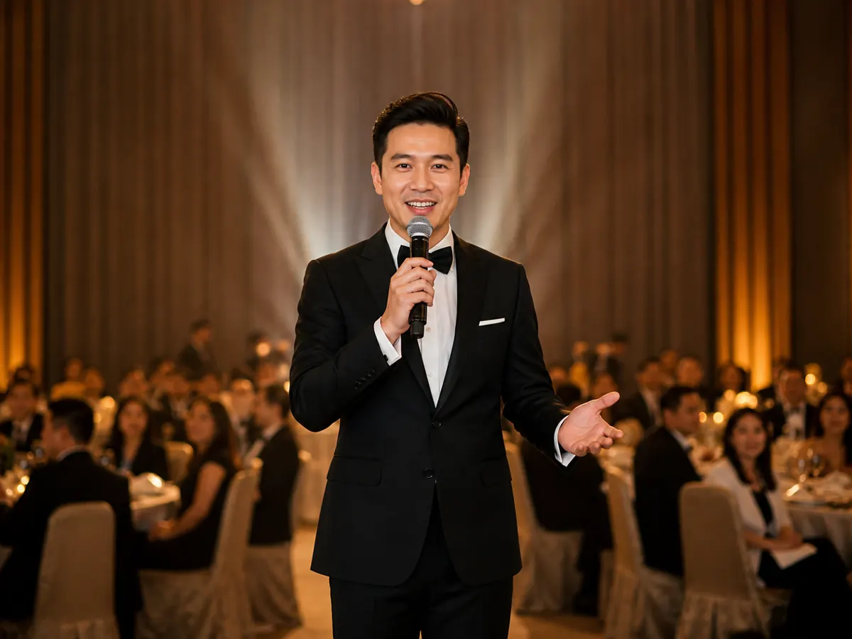 Event emcee speaking to guests from a stage
